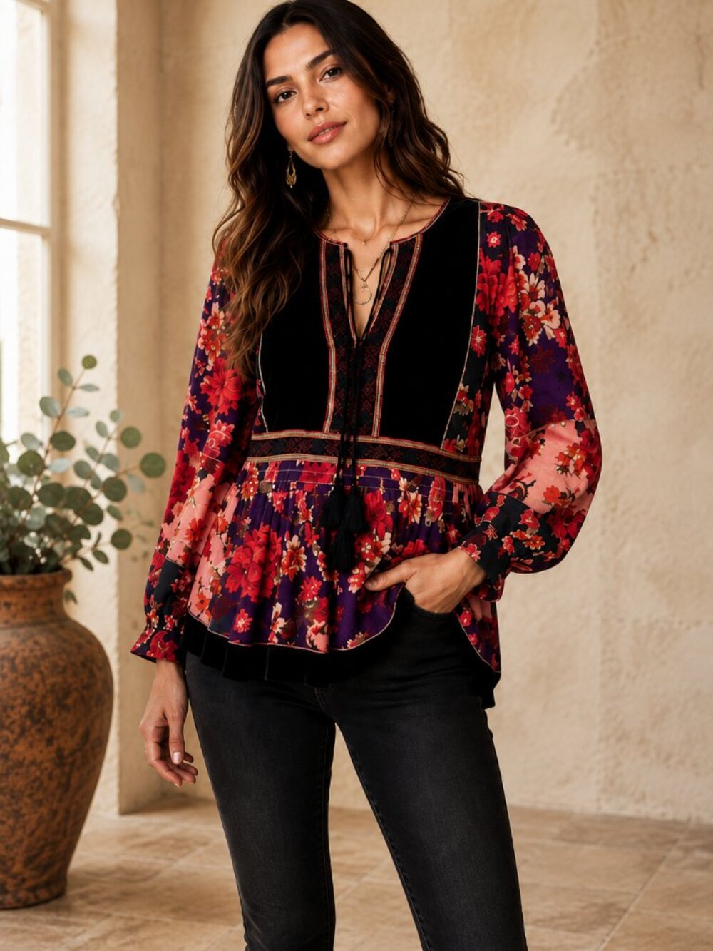 Johnny Was Kimmy Peasant Top Womens M Silk Blend Velvet Floral Boho Romantic